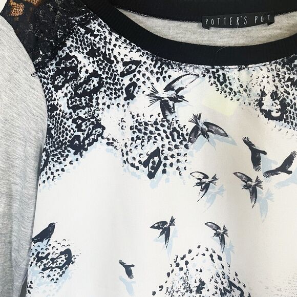 Potters Pot Bird Print and Black Lace Top Sz M Long Sleeves Loose Slouchy Boho - Picture 4 of 7